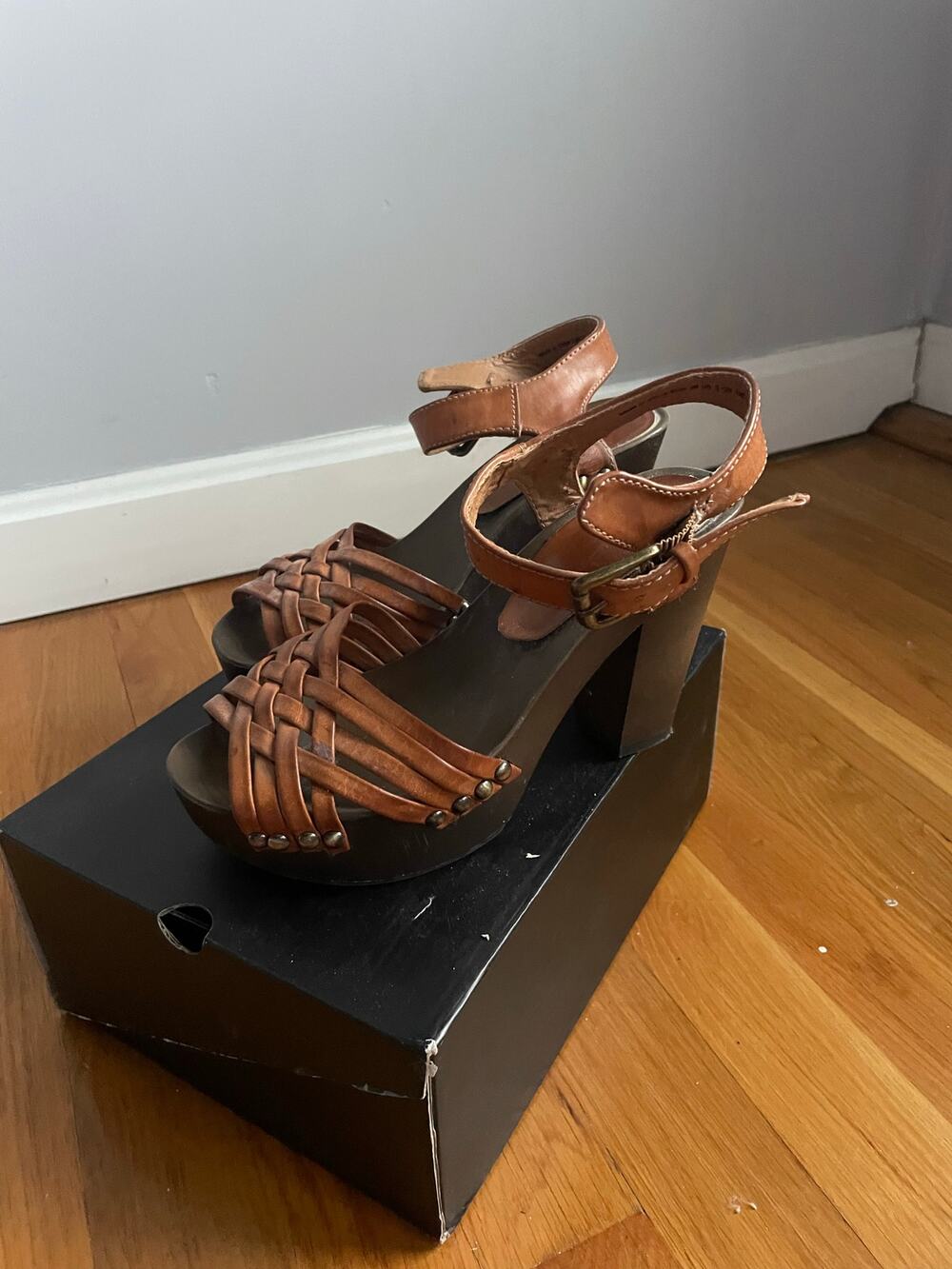 H&M Chunky Brown Leather Heeled Snadals Block heel Boho Indie size 5 Festival